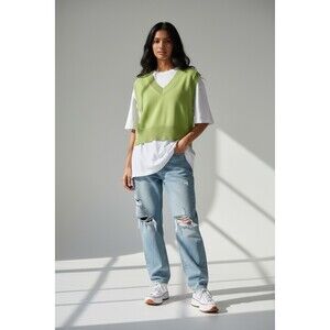 Lime Green Cropped V-Neck Knit Sweater Vest Women's XS Y2K Preppy High Low Hem